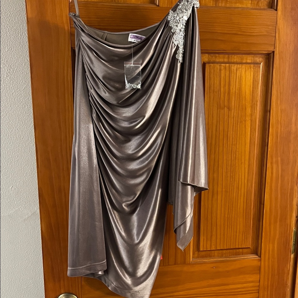 J Kara Metallic Gray Asymmetrical Dress with Embellished Shoulder
